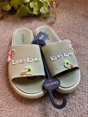 bebe Olive Green Slide Sandals with Tropical Charm Accents